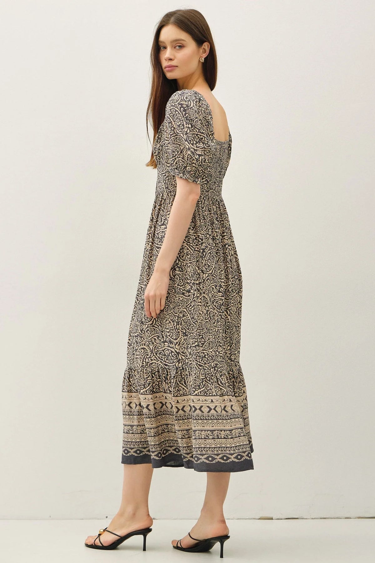 Women’s paisley border print midi dress with puff sleeves and square neckline