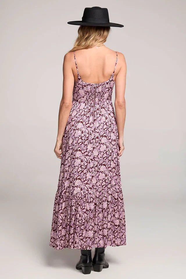 Women’s pink and black floral RENE spaghetti straps midi dress with tiered skirt, hat, and boots