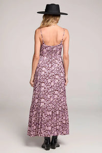 Women’s pink and black floral RENE spaghetti straps midi dress with tiered skirt, hat, and boots