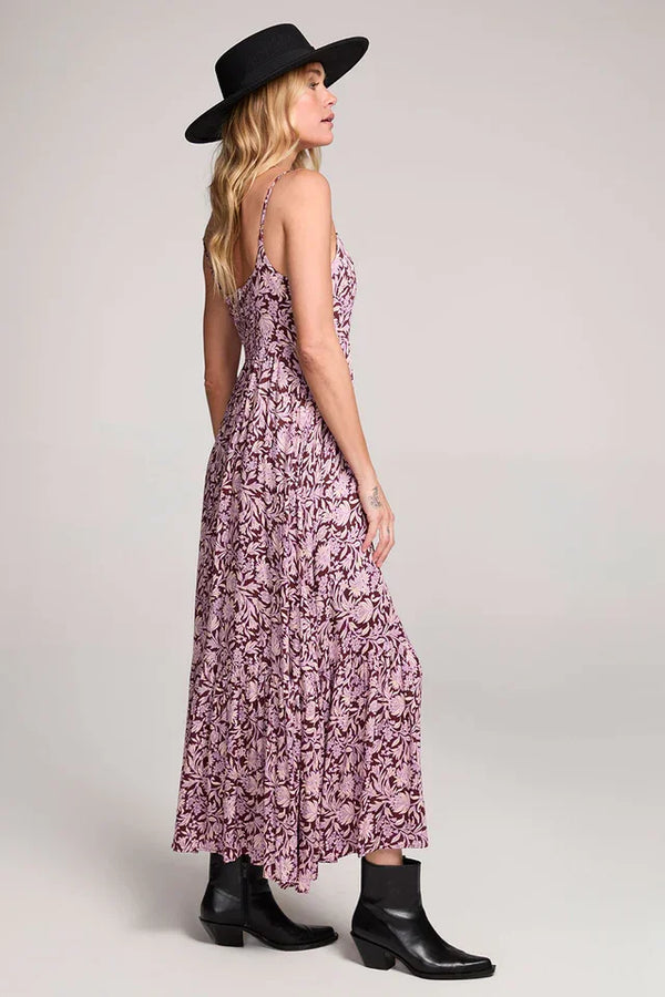 Women’s pink floral RENE Spaghetti Straps midi dress with spaghetti straps and black ankle boots