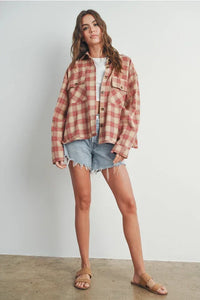 Women’s plaid long sleeve shirt jacket displayed in the PLAID LONG SLEEVE SHIRT JACKET product image