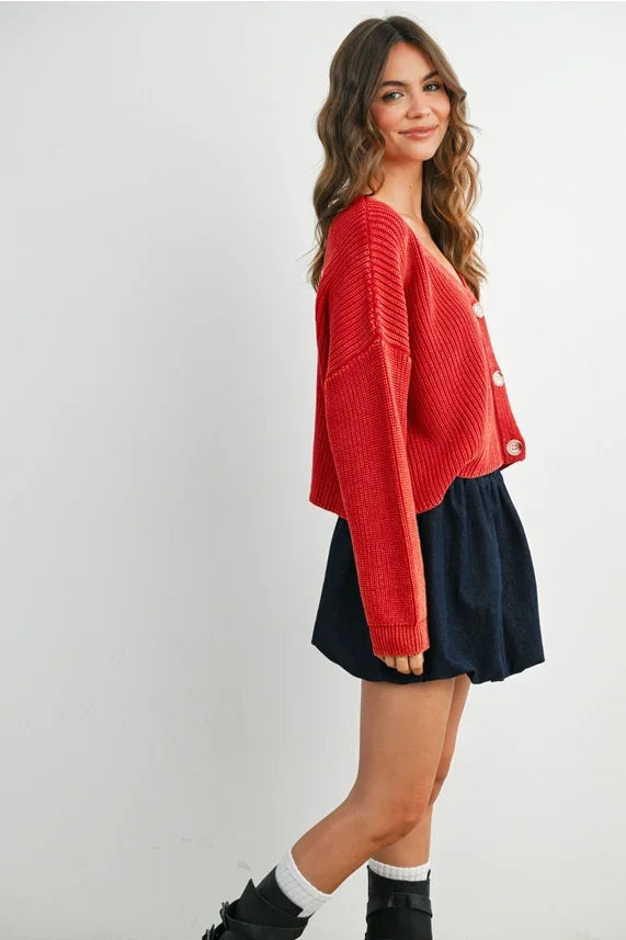 Women’s red V neck buttoned ribbed long sleeve cardigan with cropped fit