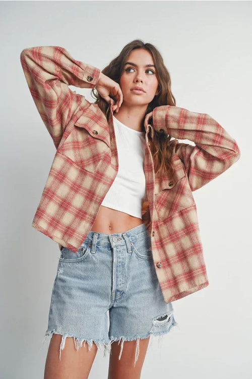 Red and tan plaid long sleeve shirt jacket for women, stylish long sleeve shirt option