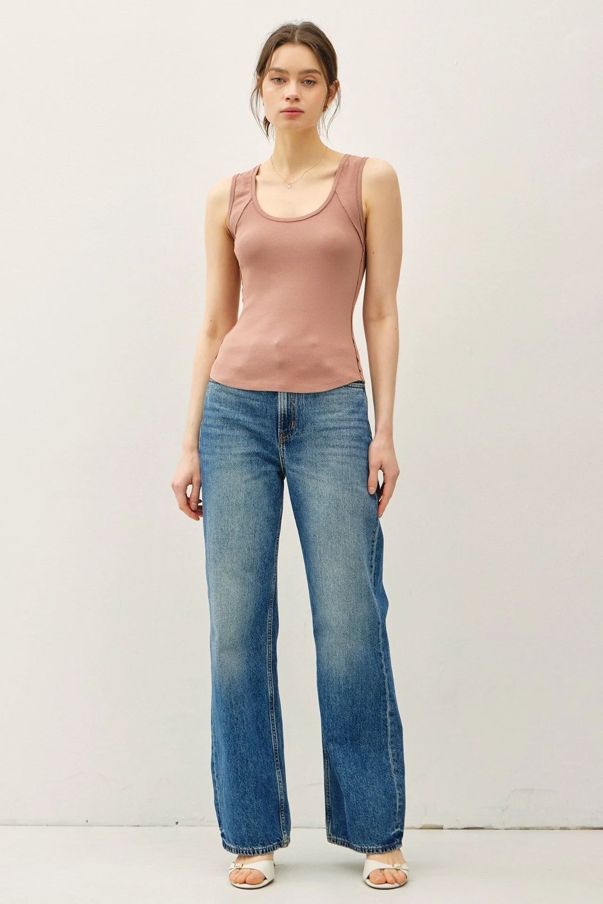 Women’s boho chic clothing ribbed knit scoop-neck tank top with raw seam in dusty rose