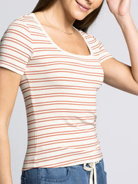 Women’s cream-colored Katara Tee with thin red horizontal stripes and square neckline