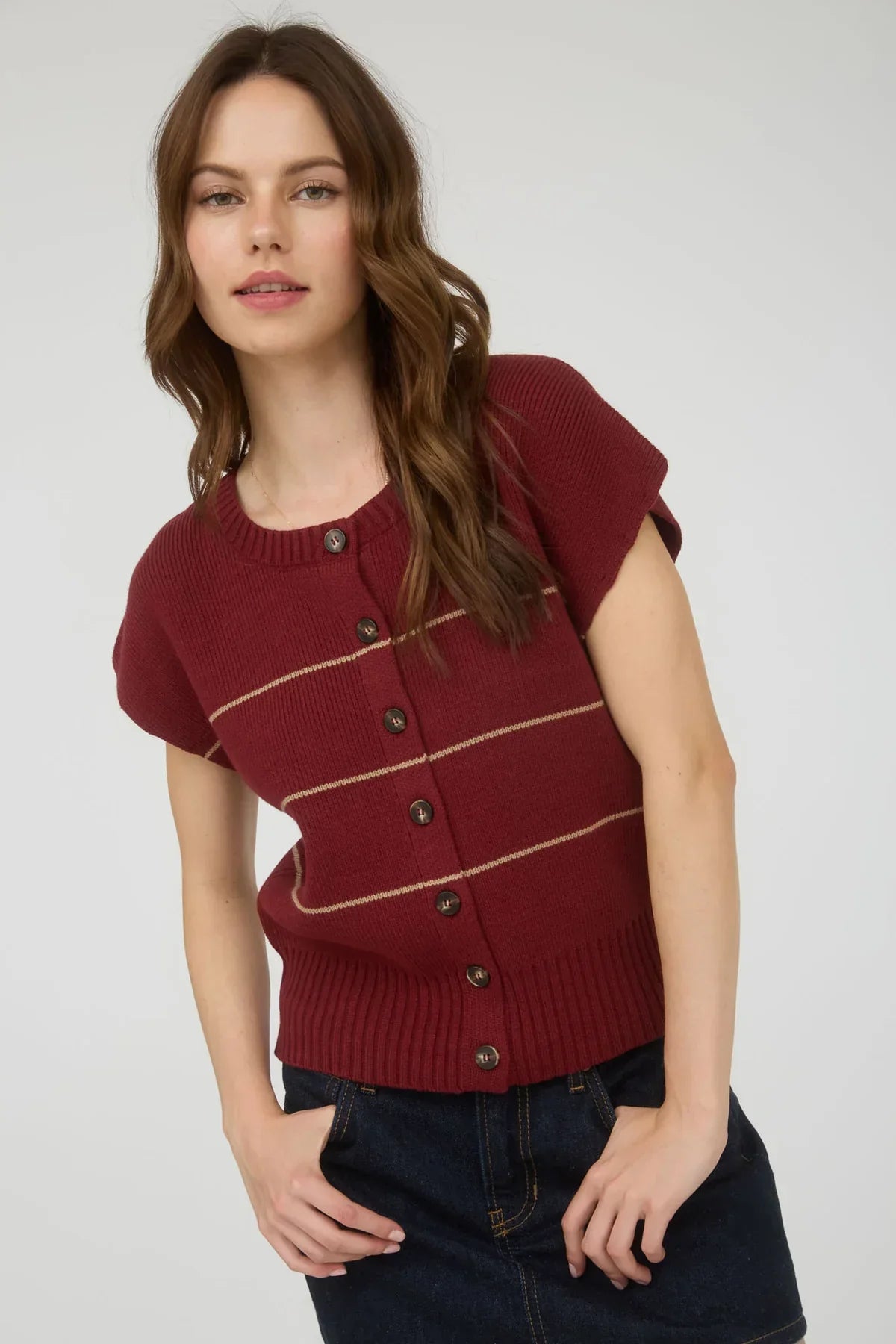 Women’s maroon short sleeve knit cardigan with white horizontal stripes for versatile style