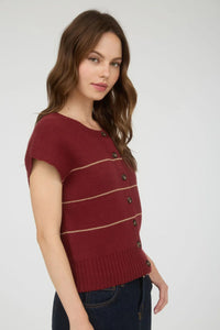 Women’s maroon short sleeve knit cardigan with horizontal stripes and button details