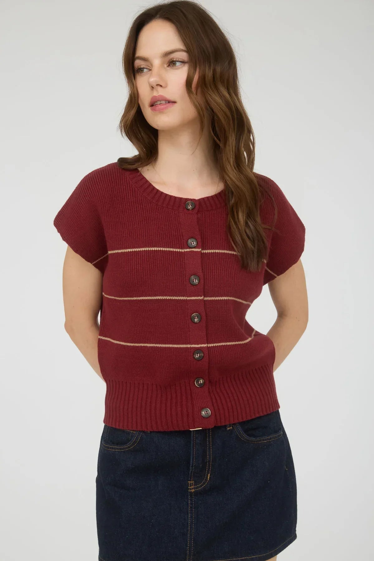 Women’s short-sleeve knit cardigan with maroon and white horizontal stripes