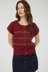 Women’s short-sleeve knit cardigan with maroon and white horizontal stripes