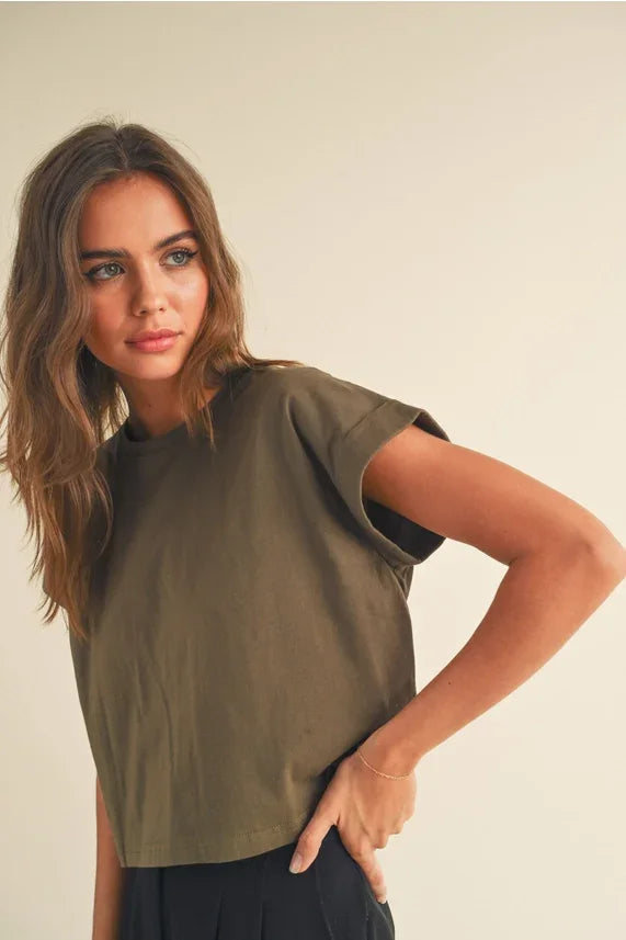 Women’s olive green round neck cuffed sleeve crop top for stylish casual wear