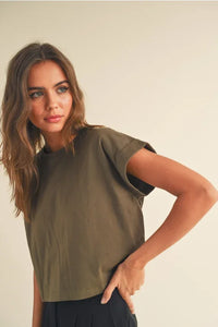 Women’s olive green round neck cuffed sleeve crop top for stylish casual wear