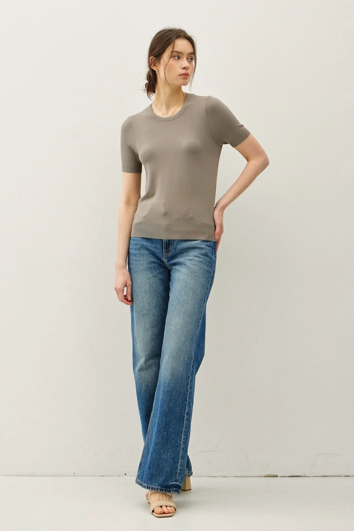 Ultra soft women’s boho chic short sleeve ribbed knit top in neutral taupe