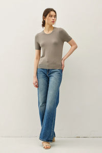Ultra soft women’s boho chic short sleeve ribbed knit top in neutral taupe