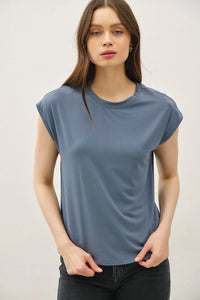 Women’s slate blue bamboo cap sleeve basic round neck top for casual wear