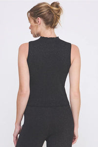 Women’s sleeveless black ribbed soft lurex gauge sleeveless mock neck top