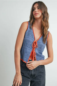 Women’s sleeveless blue crochet tie front top with orange trim, perfect for women’s boho chic clothing from Shop Daisy