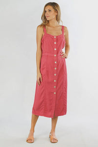 Women’s sleeveless midi dress in reddish-pink Tencel button fabric with a belted waist