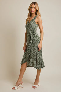 V Neck Waist Tie Sleeveless Midi Dress with Green and White Leaf Pattern