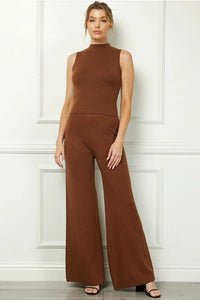 Soft lurex gauge sleeveless mock neck top with wide-leg pants in solid brown color