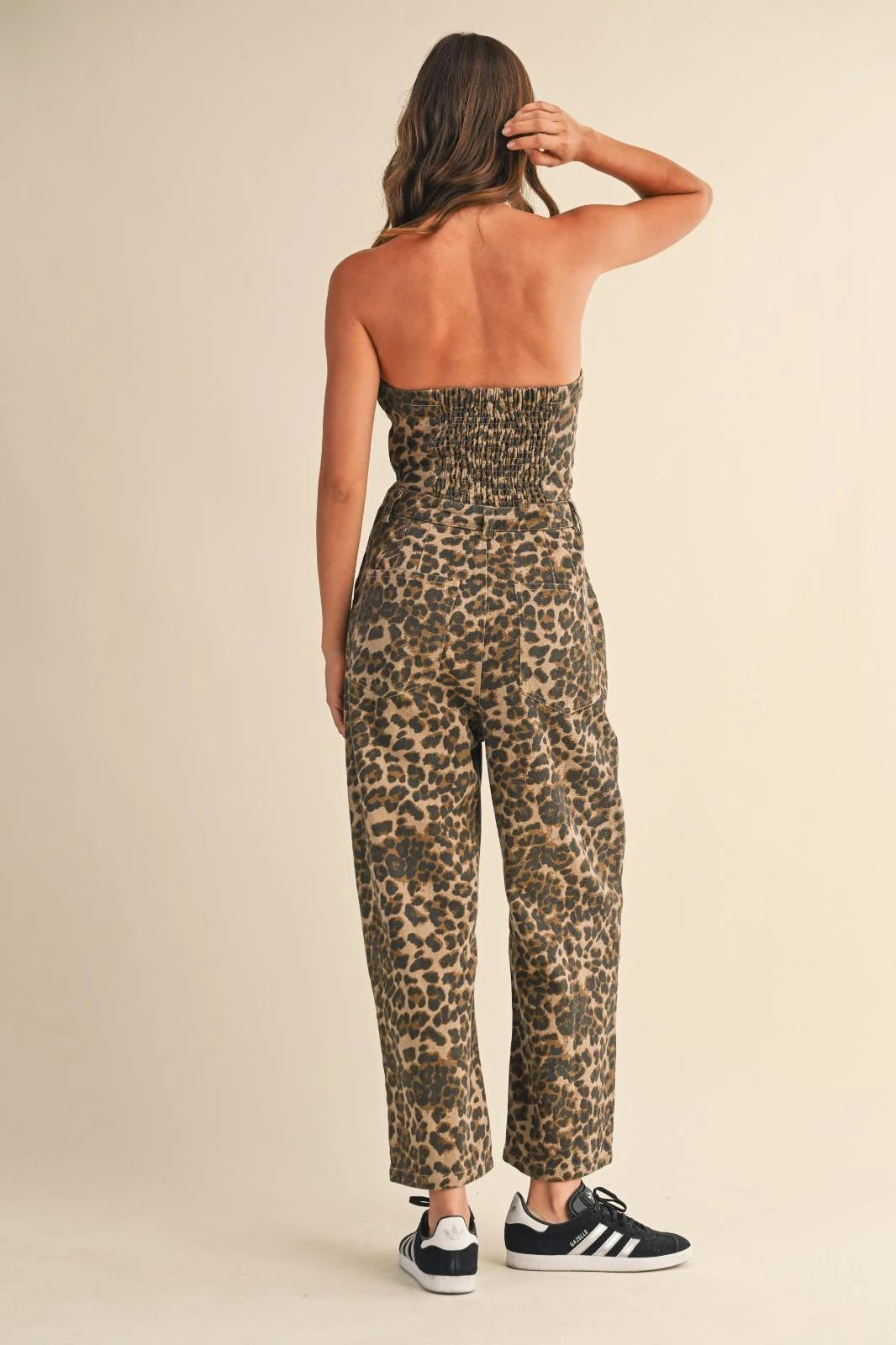 Women’s strapless leopard print barrel jumpsuit from the Strapless Barrel Jumpsuit collection