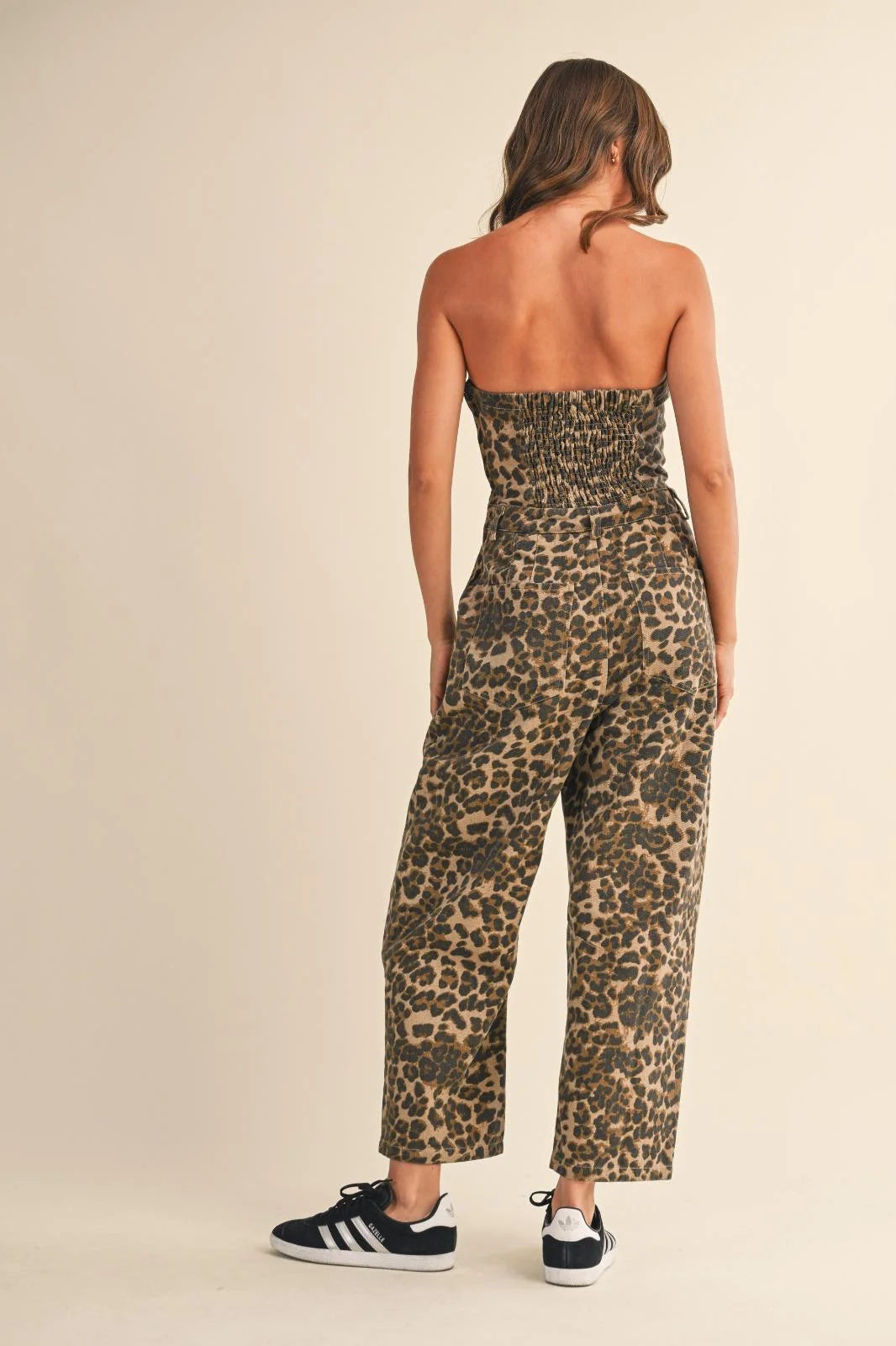 Women’s strapless leopard print barrel jumpsuit from the STRAPLESS BARREL JUMPSUIT collection