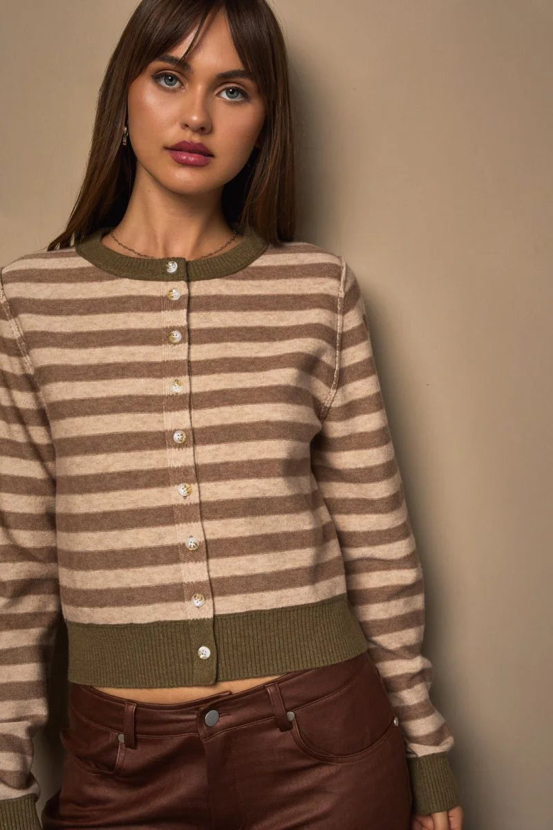 Long sleeve stripe cardigan with green collar and hem for women