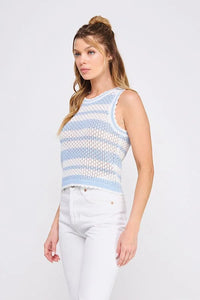 Women’s striped crochet scallop edges knit tank top with fringe hem for a stylish look