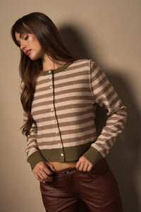 Women’s long sleeve stripe knit cardigan with pearl buttons, stylish sleeve stripe design