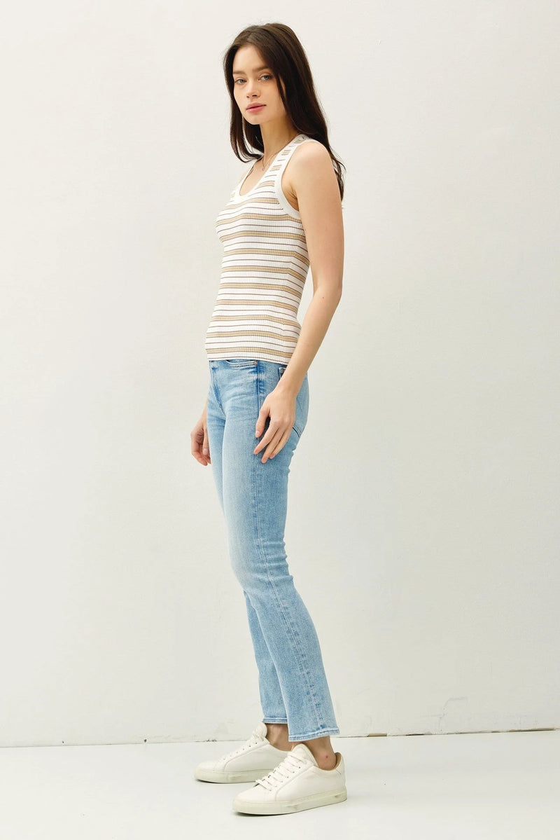 Women’s stripe ribbed knit tank top with light wash jeans for casual style