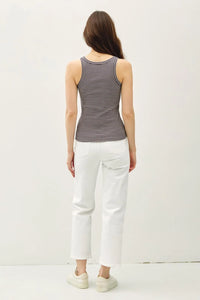 Women’s boho chic clothing stripe tank top with white capri jeans from Shop Daisy