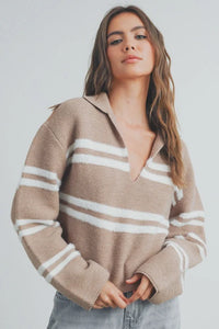 Women’s tan stripe crop collar sweater top with white stripes and V-neck collar