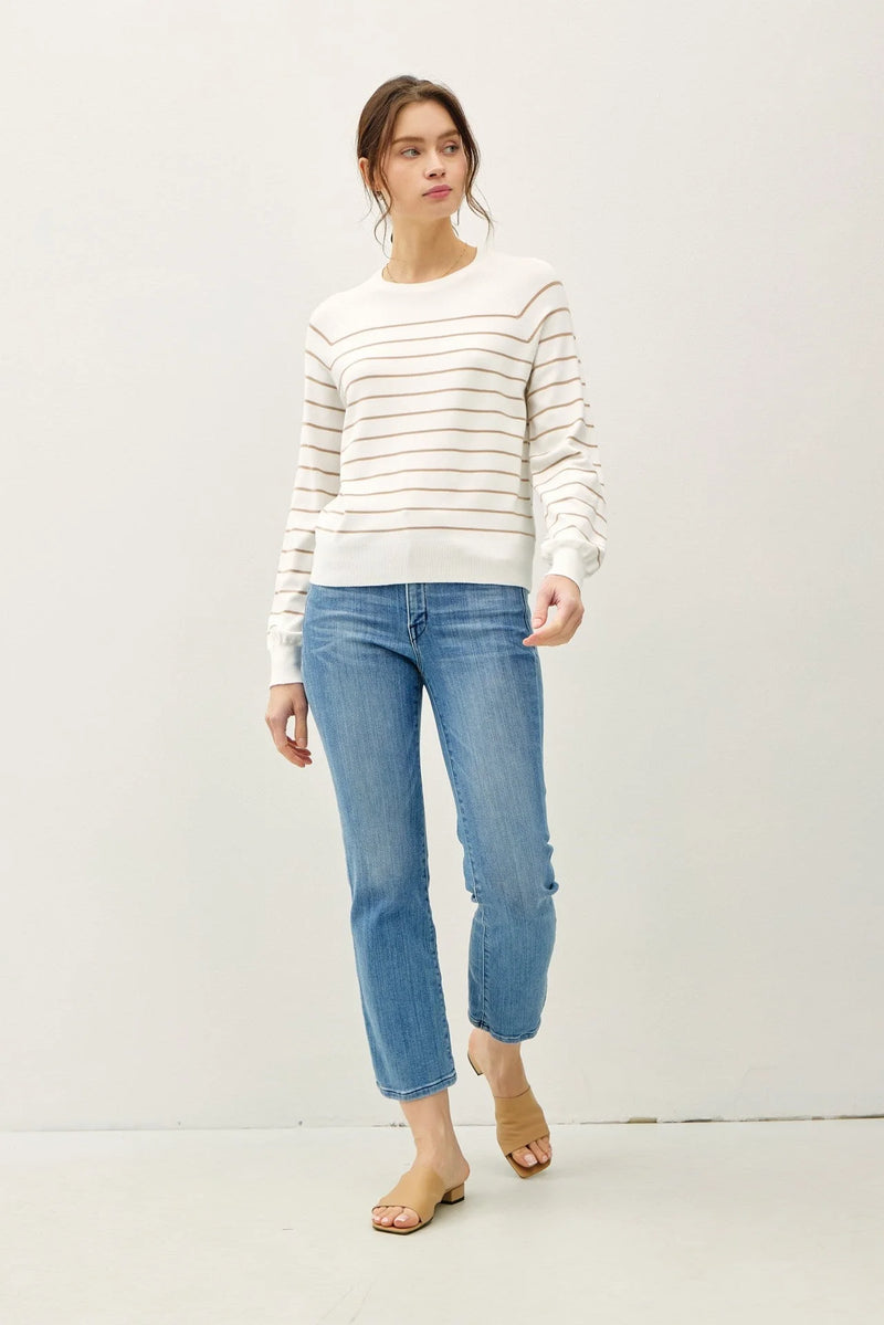 Women’s lightweight striped long sleeve sweater in white and black for casual wear