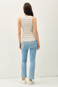 Women’s stripe ribbed knit tank top with light wash denim jeans and white sneakers