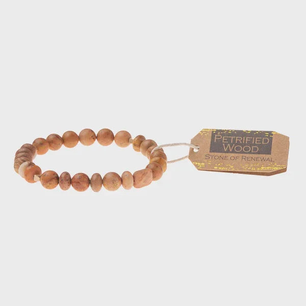 Wood Stone Bracelet featuring a wooden bead design and product tag for boho style