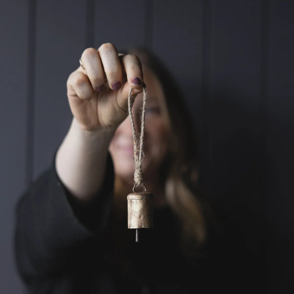 Barrel brass bell ornament with wooden twine handle