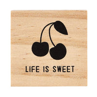 Wooden block with cherry silhouette and LIFE IS SWEET text for Treasure Box Earrings