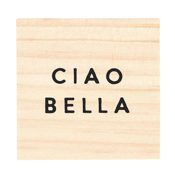 Wooden block with Ciao Bella text showcasing TREASURE BOX EARRINGS BLACK box earrings