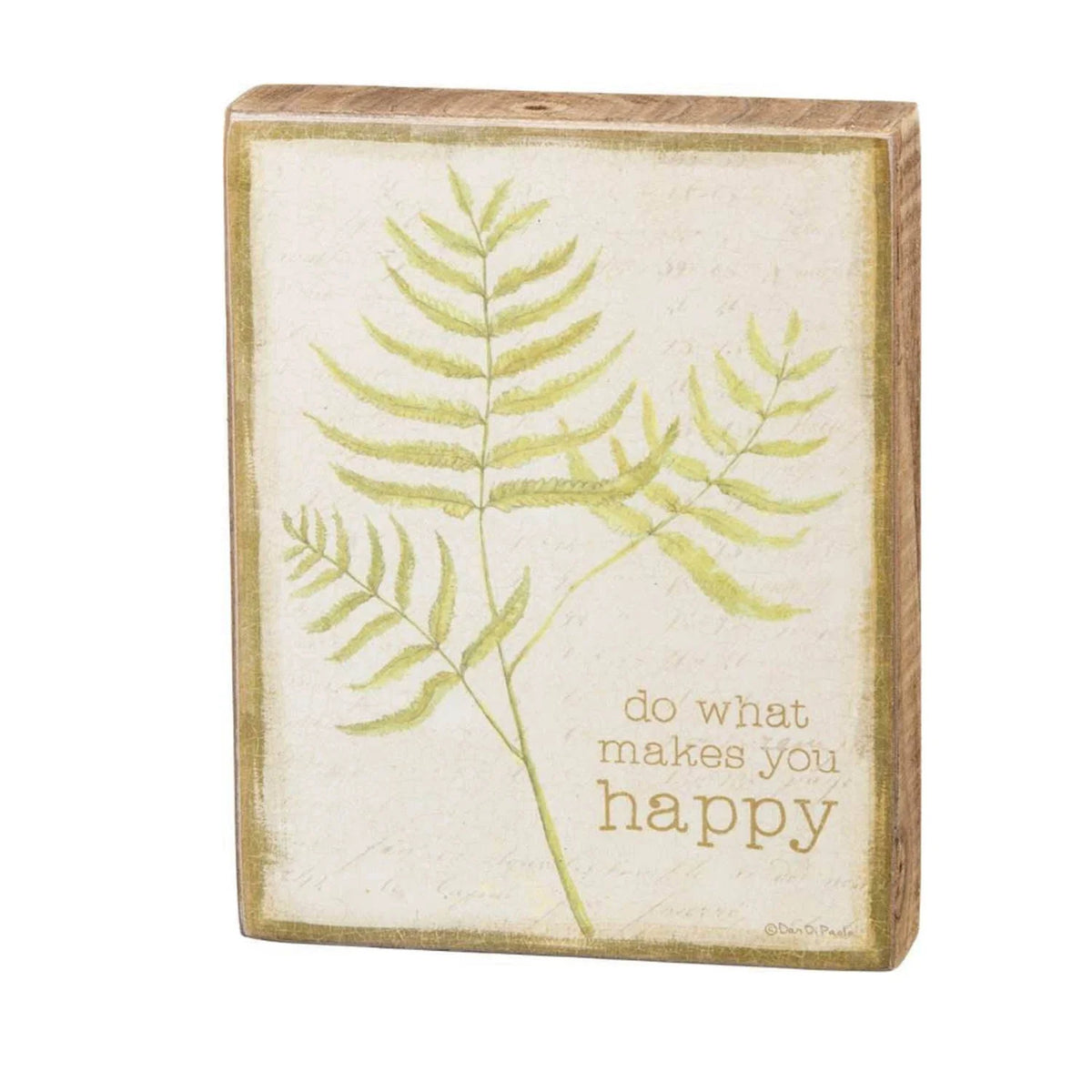 Wooden block sign with a green plant symbolizes the happy block sign features