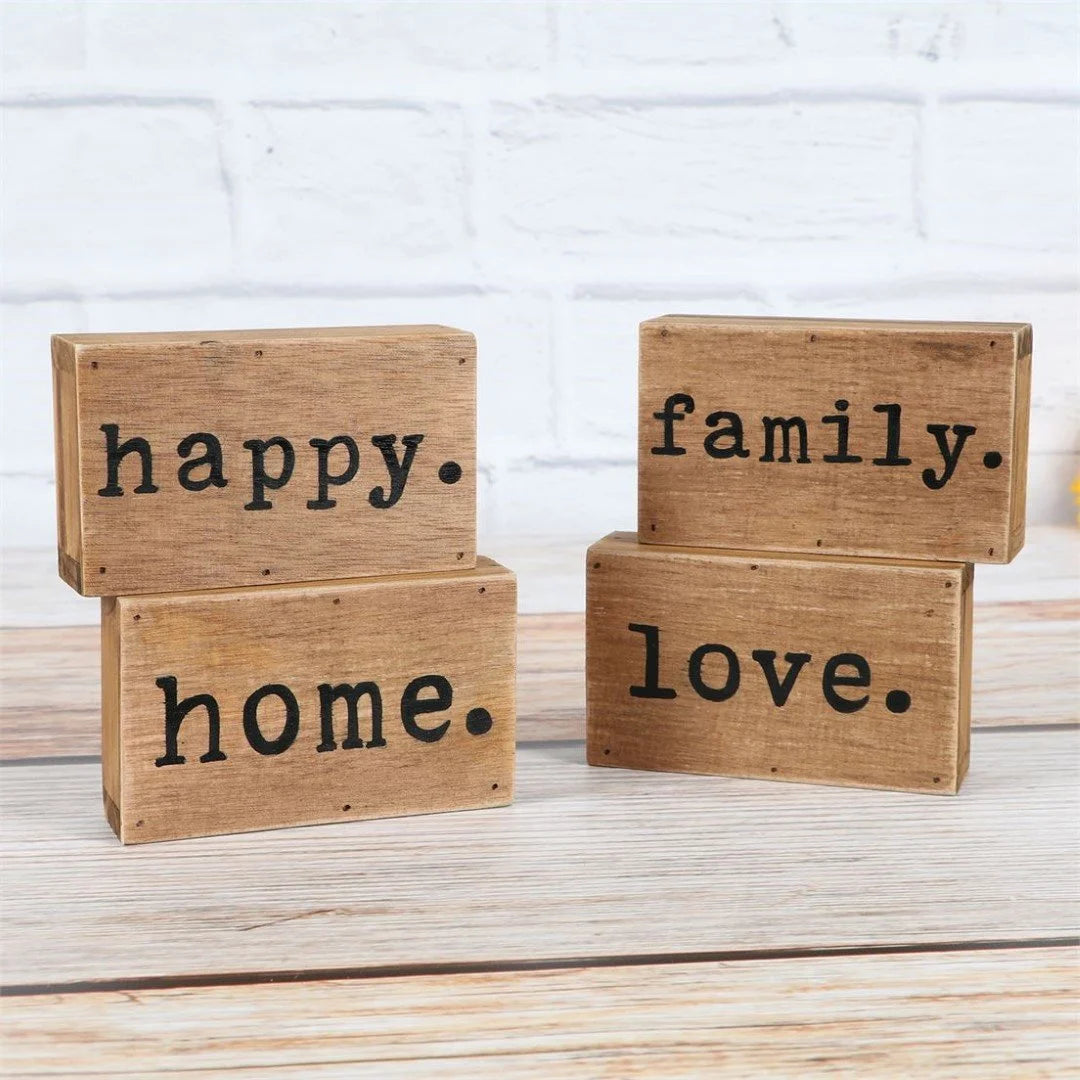 Wood block sign featuring a wooden block set with happy family love displayed