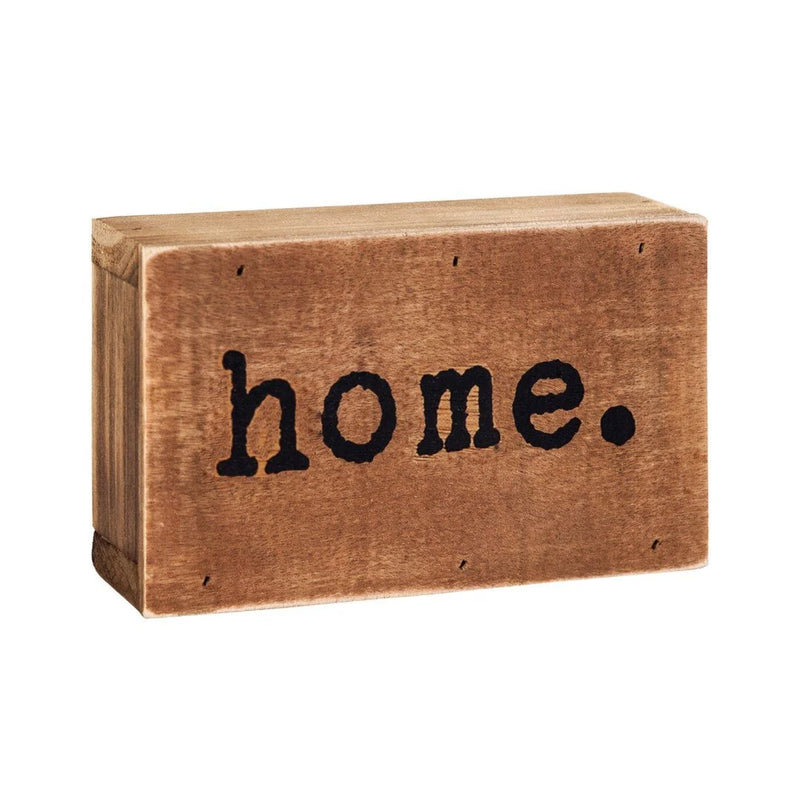 Home wood block sign featuring a decorative wooden block with the word home