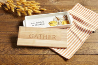 Wooden serving board with GATHER engraving, part of the Boho Be Thankful Ceramic Tray