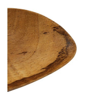 Acacia wood fish shaped dish with a natural finish on a white background