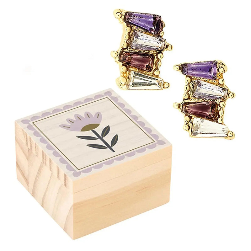 Wooden box featuring flower design and gold-toned gemstone earrings in treasure box earrings collection