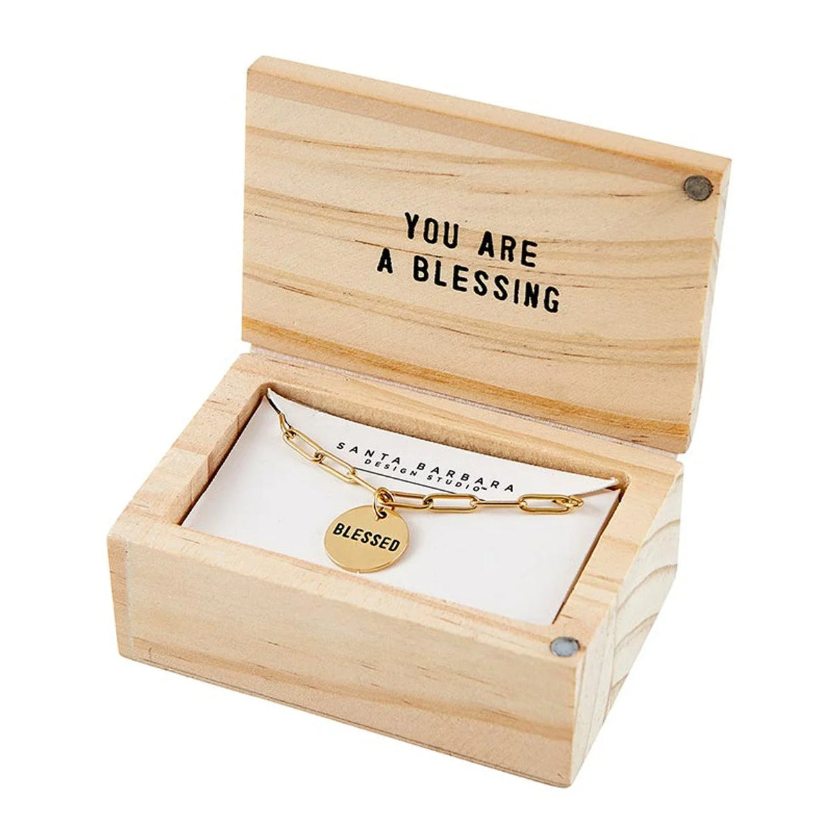 Wooden box with Gold Chain Blessed Necklace featuring BLESSED charm and YOU ARE A BLESSING text