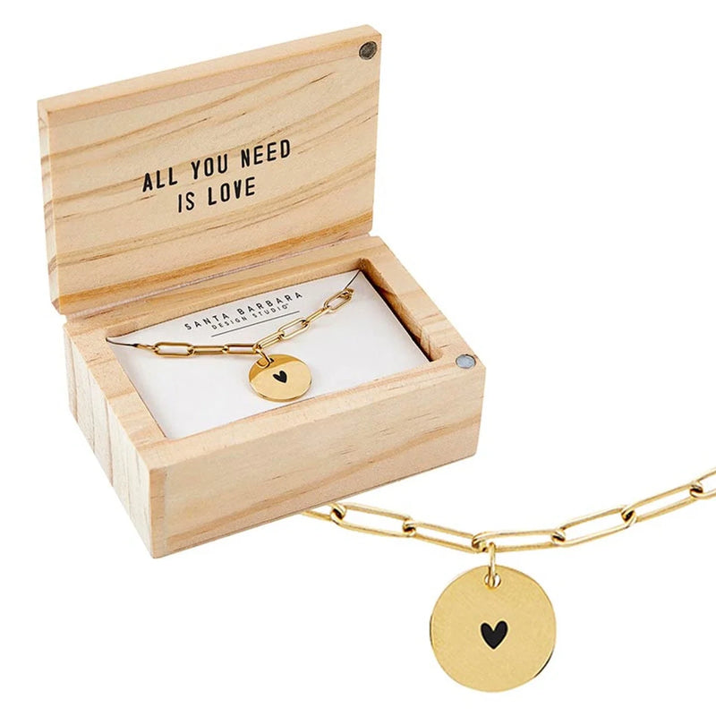 Wooden box with LINK CHAIN CHARM NECKLACE featuring a heart-shaped charm