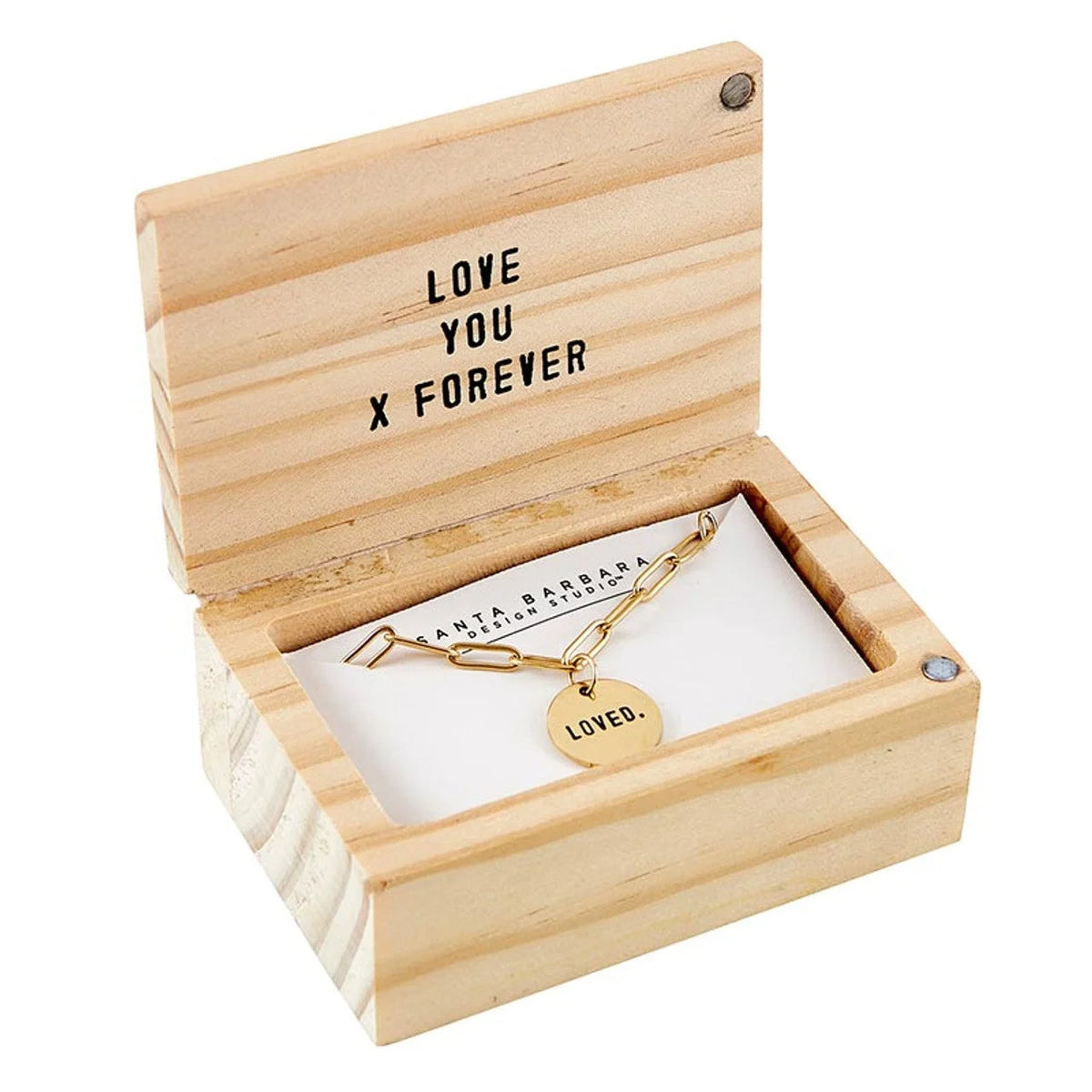 Wooden box with LINK NECKLACE - LOVED, featuring a gold necklace and a card