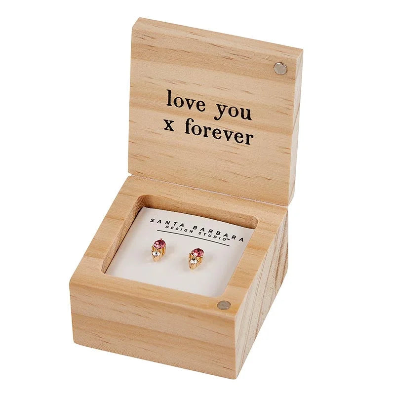 Wooden box with hinged lid showcasing TREASURE BOX EARRINGS - MAMA inside