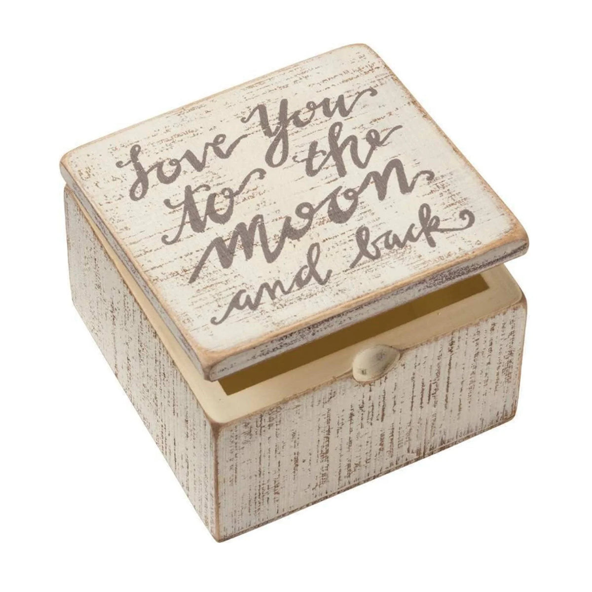 Wood hinged box featuring a heartfelt message, Love You to the Moon and Back