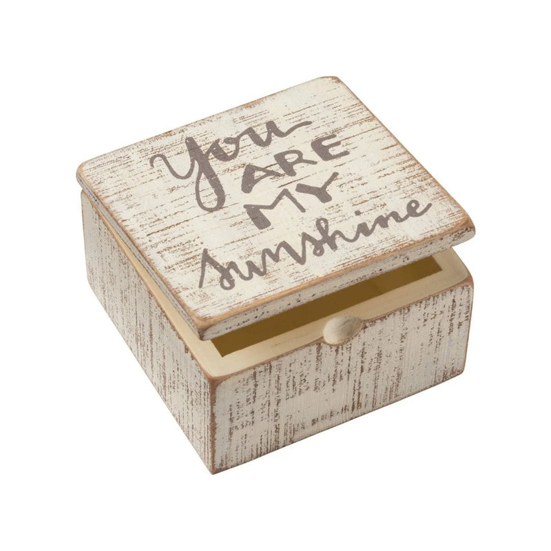 Wooden box with sign We Are Mine showcasing YOU ARE MY SUNSHINE HINGED BOX at Shop Daisy Lane