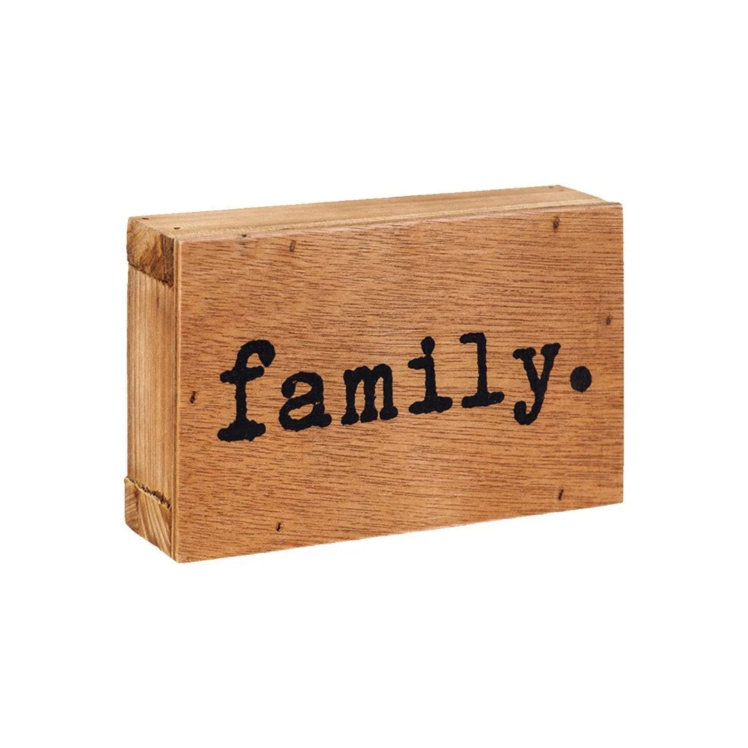 Wood block sign featuring a wooden box with the word family elegantly displayed